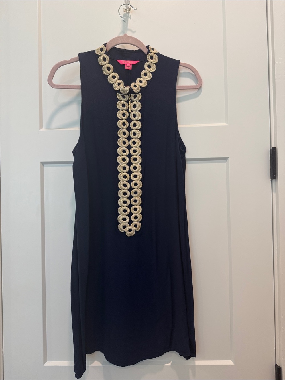 Lilly Pulitzer Navy Dress with Gold Circular Embroidered Trim